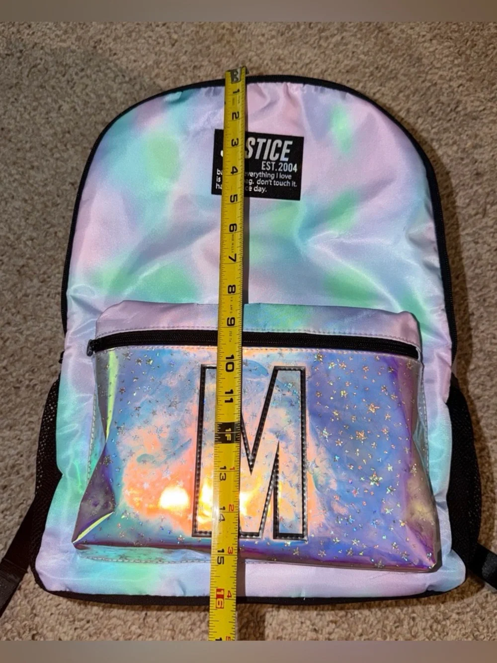 Justice Iridescent Holographic Purple Backpack with M Initial